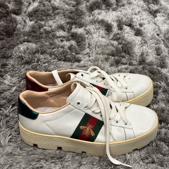 Gucci White Leather Web Bee Embroidered Platform Ace Sneakers - Picture 7 of 13
